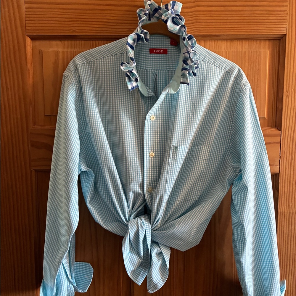 Izod Light Blue Micro-Check Women's Button-Front Tie Shirt